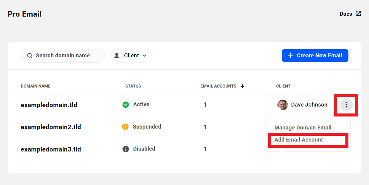 Add a new email account to a Pro Email domain
