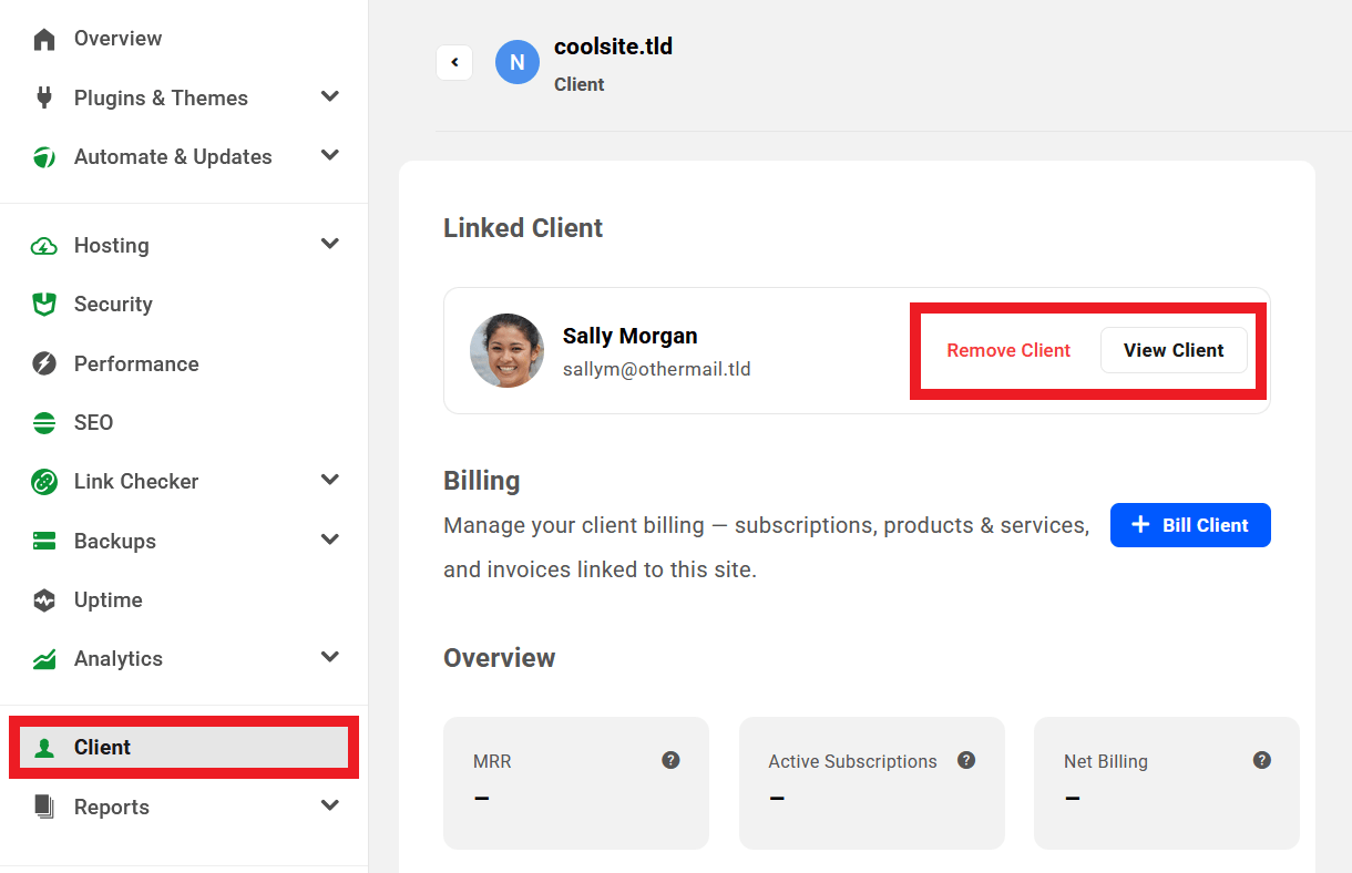 Allows the team member to add and/or edit the client attached to a site