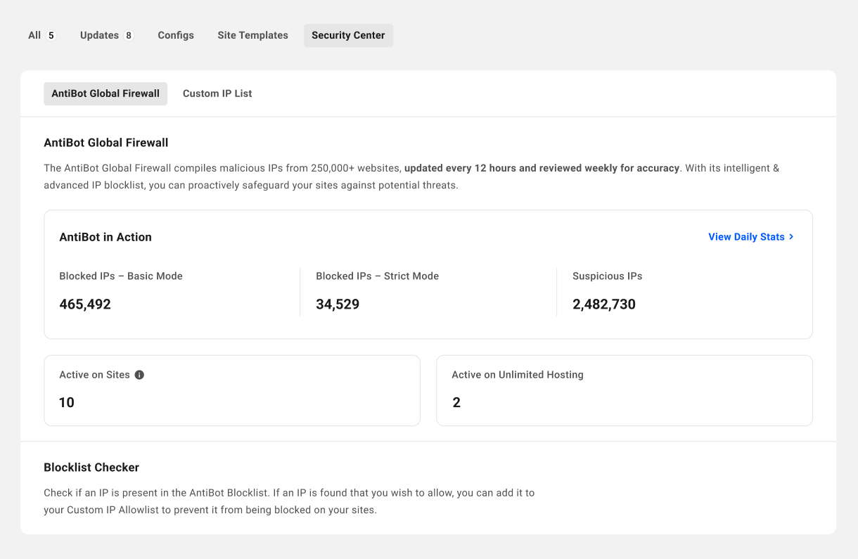Allows the team member to access the Security Center and view the AntiBot Global Firewall tab