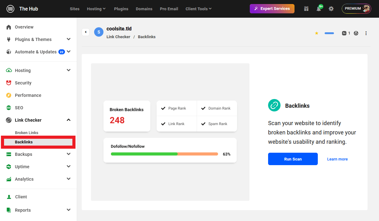 Allows the user to access the Backlinks module and view data