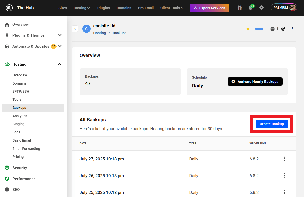 Allows the user to create a backup of a site