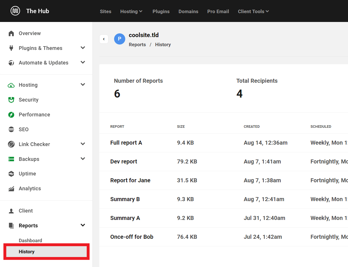 View a log of reports previously generated for a site