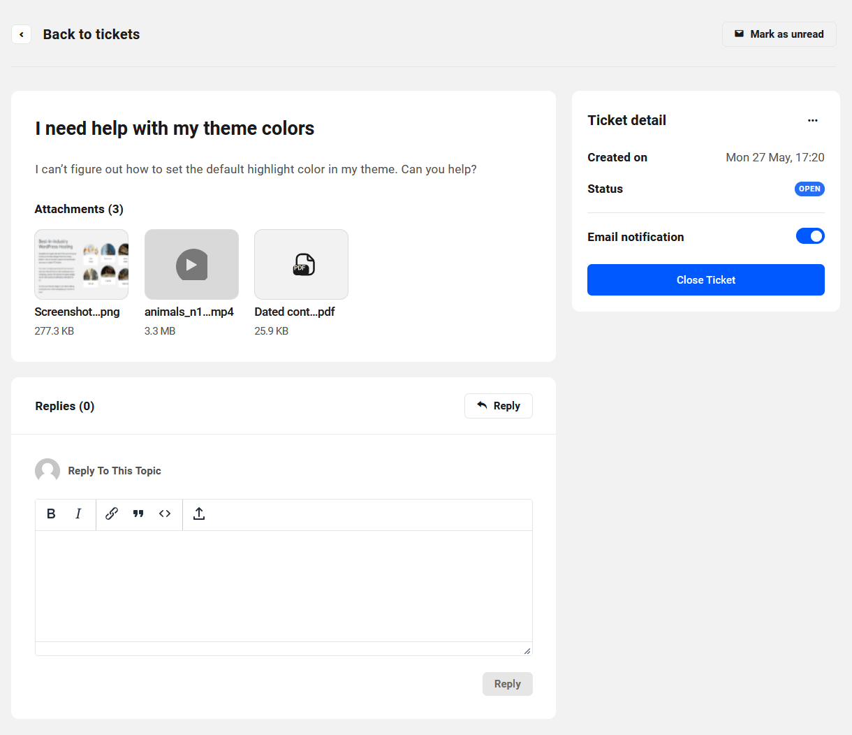 Details of a client support ticket in the Hub