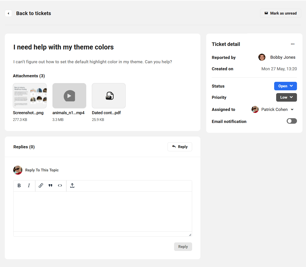 Details of a client support ticket in the Hub