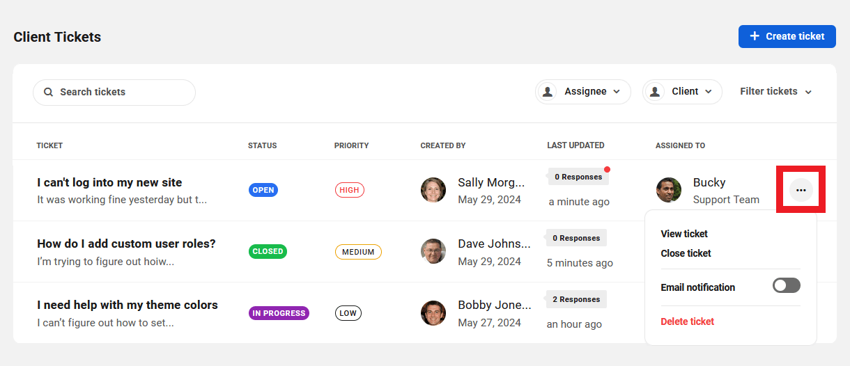 Allows the team member to create new support tickets and perform any action on them