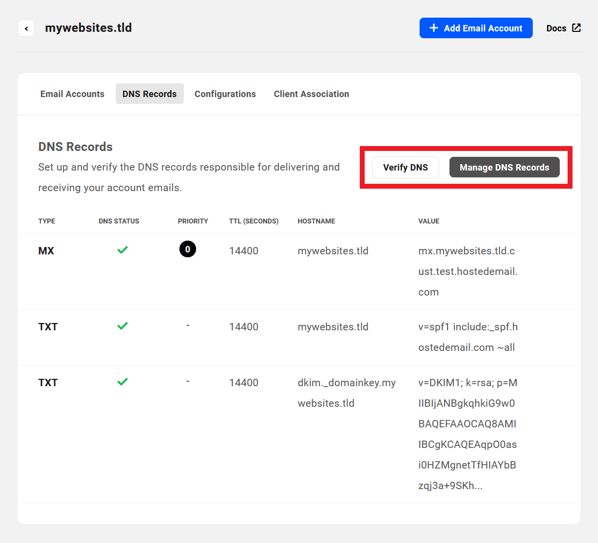 Allows the user to verify DNS records of a Pro Email domain, and to add/manage existing records