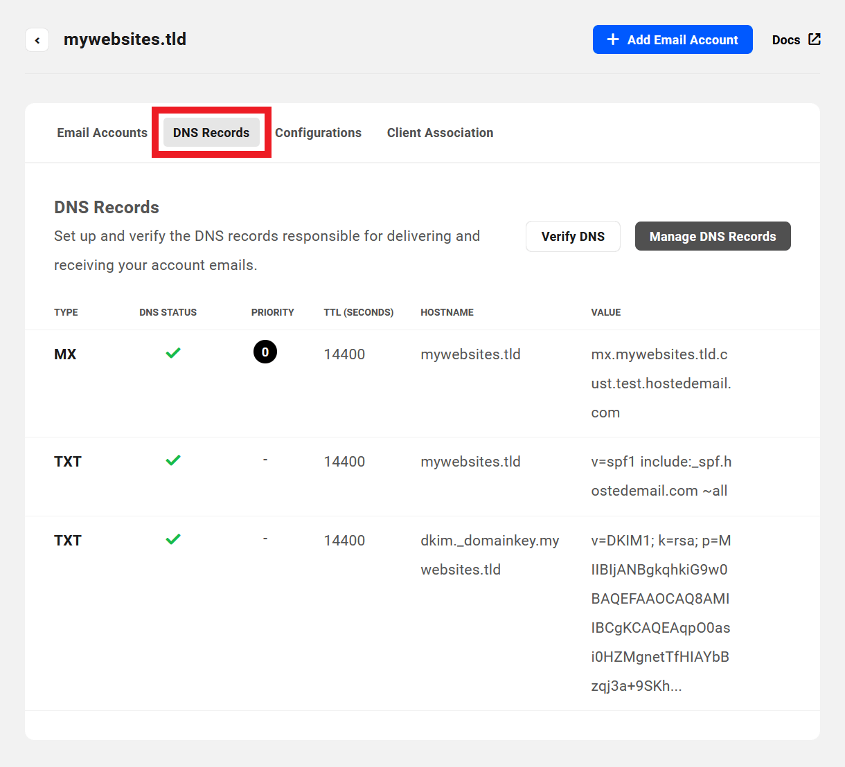 Allows the user access to the DNS Records tab for a Pro Email domain