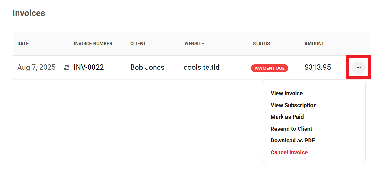 Allows the user to access management options for site invoices