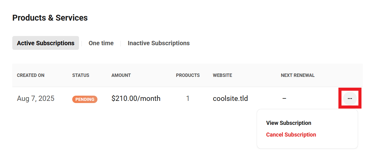 Allows the user to access management options for existing site products