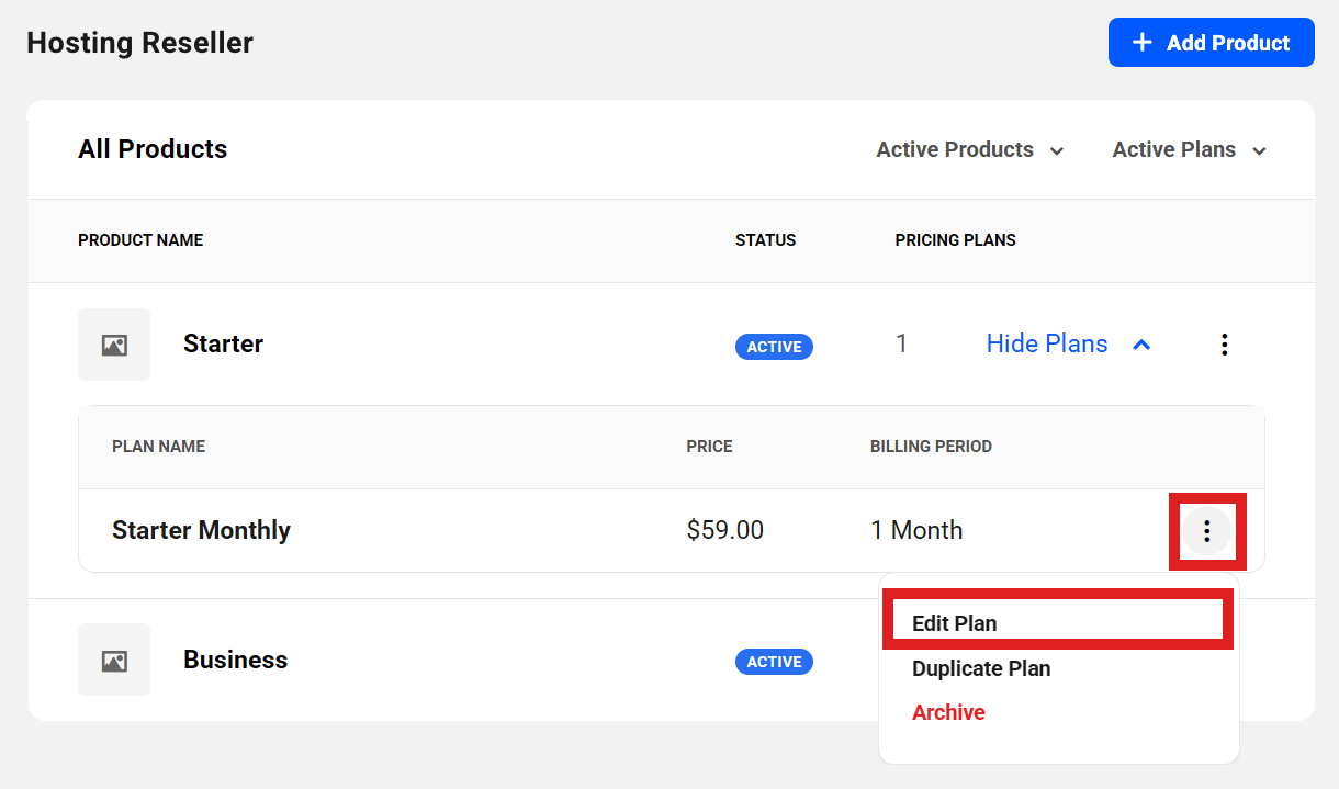 Edit a hosting reseller pricing plan