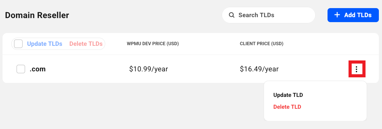 Domain options in Reseller