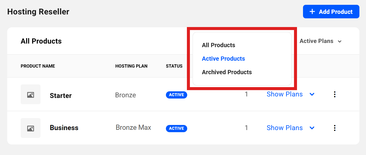 Filter the list by product status