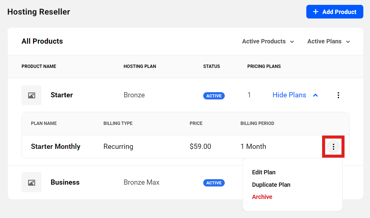 Reseller product plan options