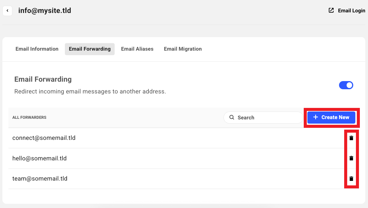 Add or delete email forwarder