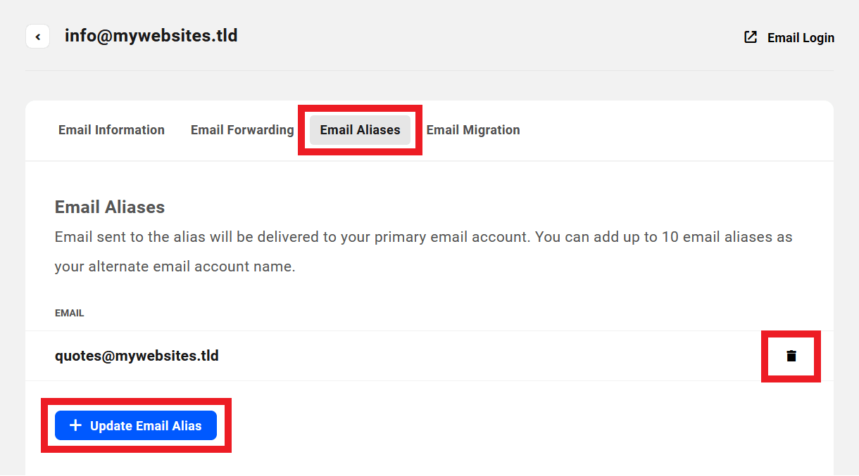Update alias addresses from a pro email account