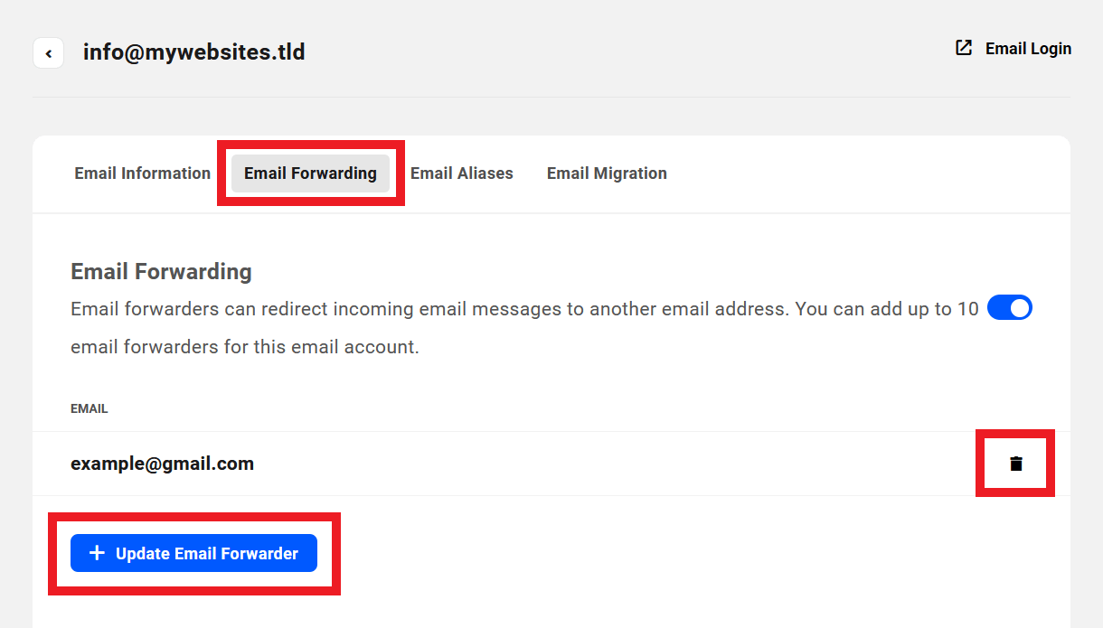 Update forwarding addresses of a pro email account