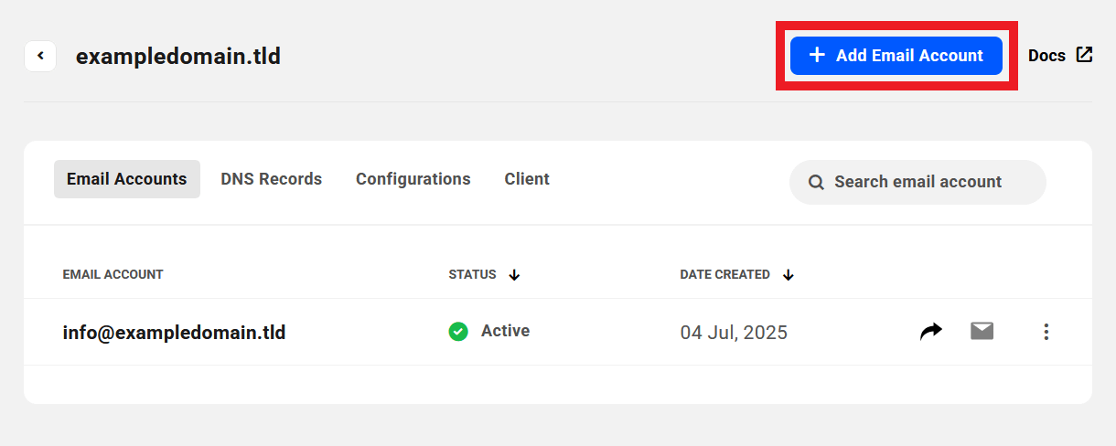 Add a new email account to an email domain