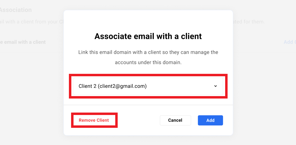 Change or remove the client associated with a pro email domain