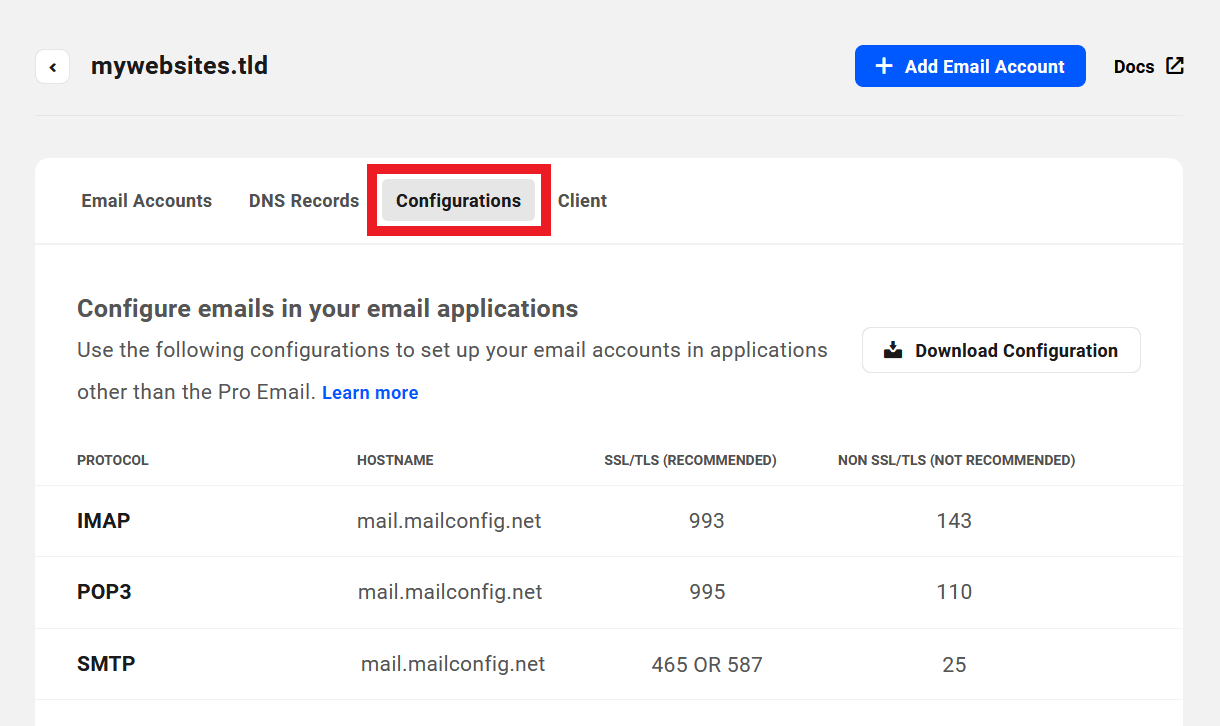 Configuration information for email applications