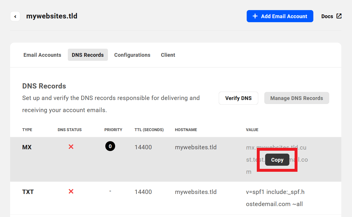 Copy DNS records for an email domain managed elsewhere