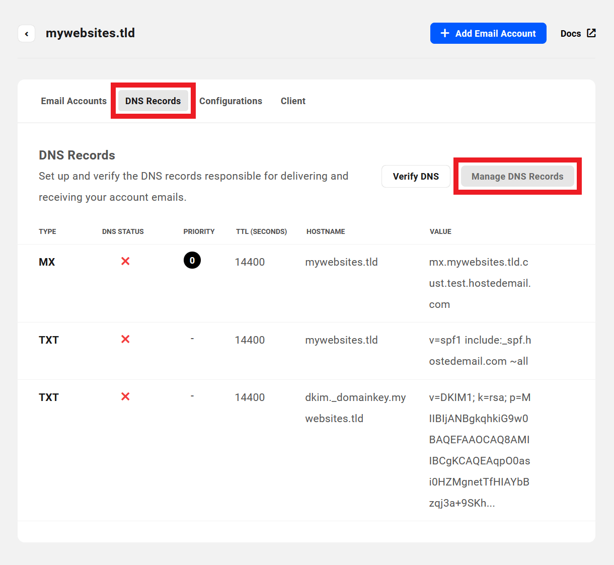 Manage DNS records for an email domain at another registrar