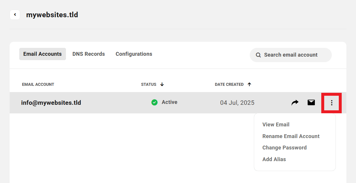 Client view of Pro Email management options in the Hub