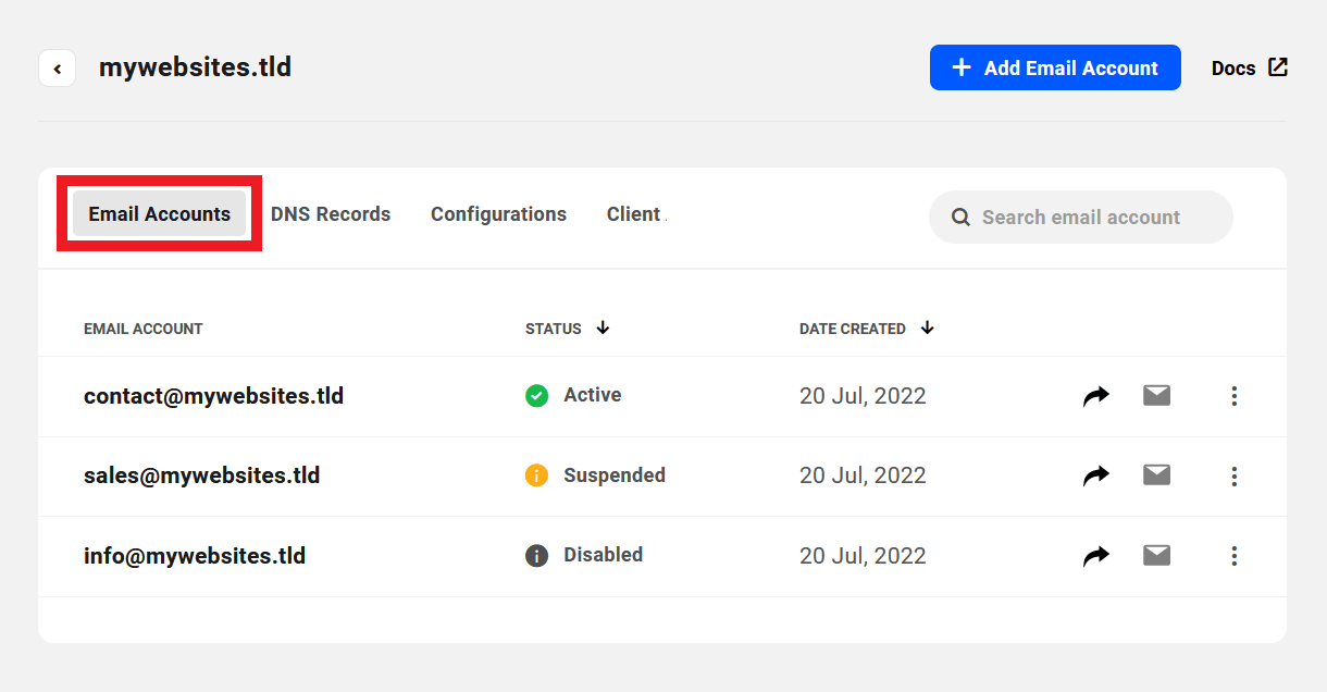 Managing domain email accounts