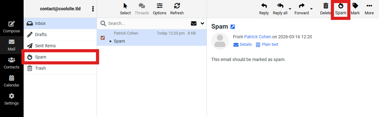 Manually mark an email as spam in the Pro Email interface