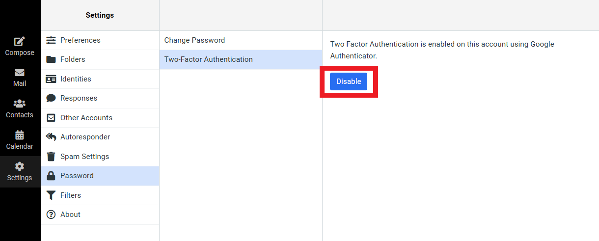 Disable two-factor authentication in a Pro Email account