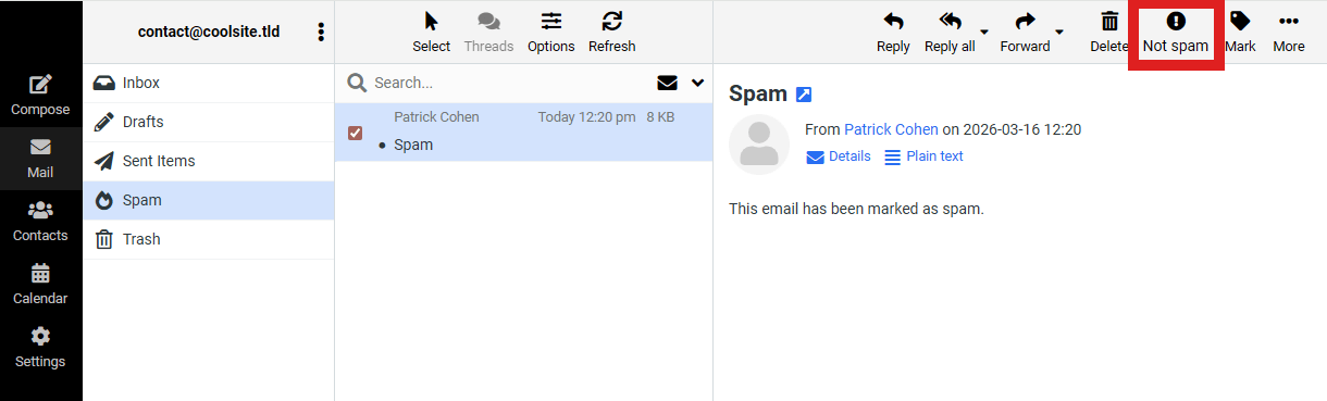 Manually mark an email as not spam in the Pro Email interface