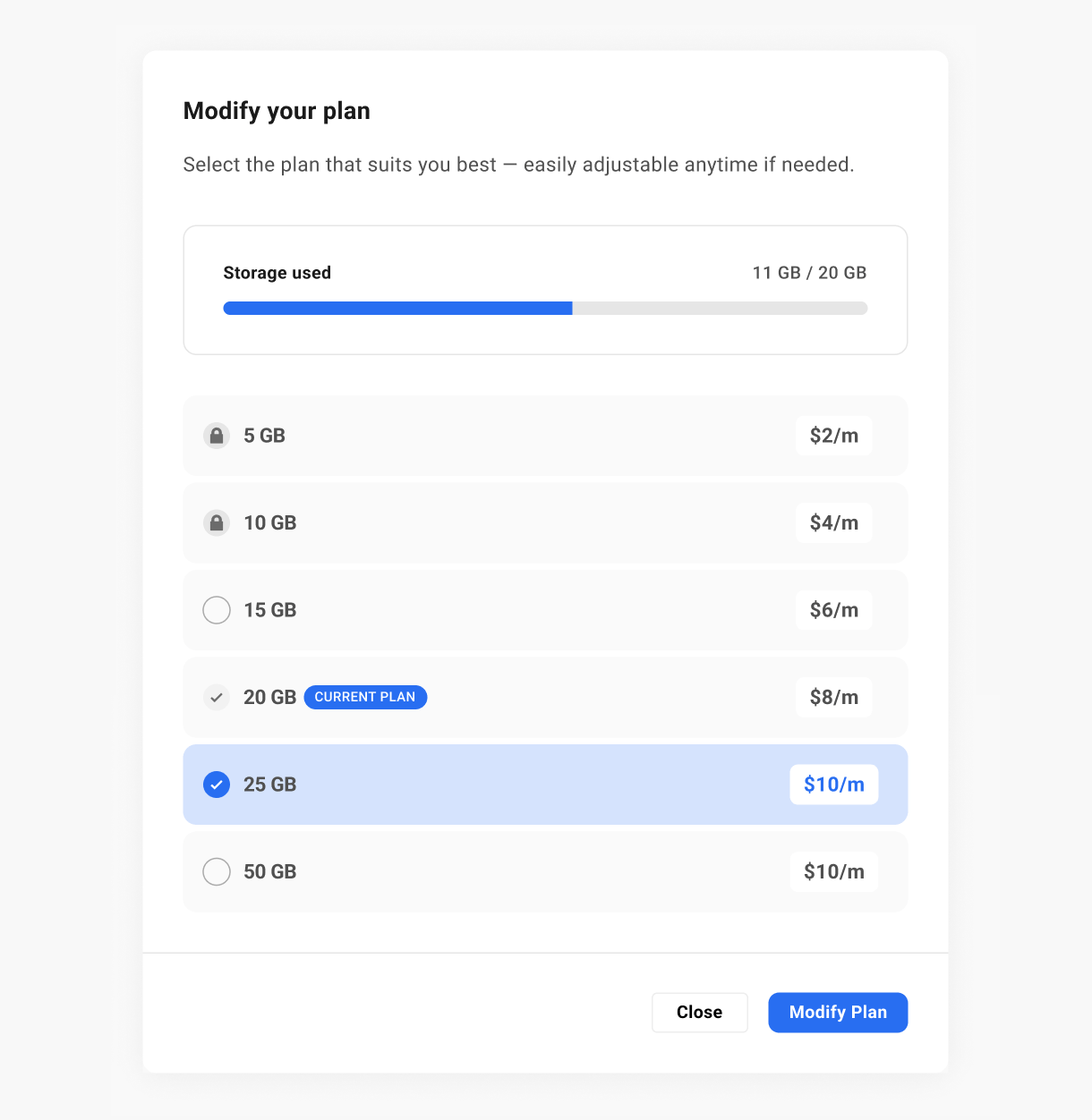 Pro Email storage plans available for upgrade or downgrade