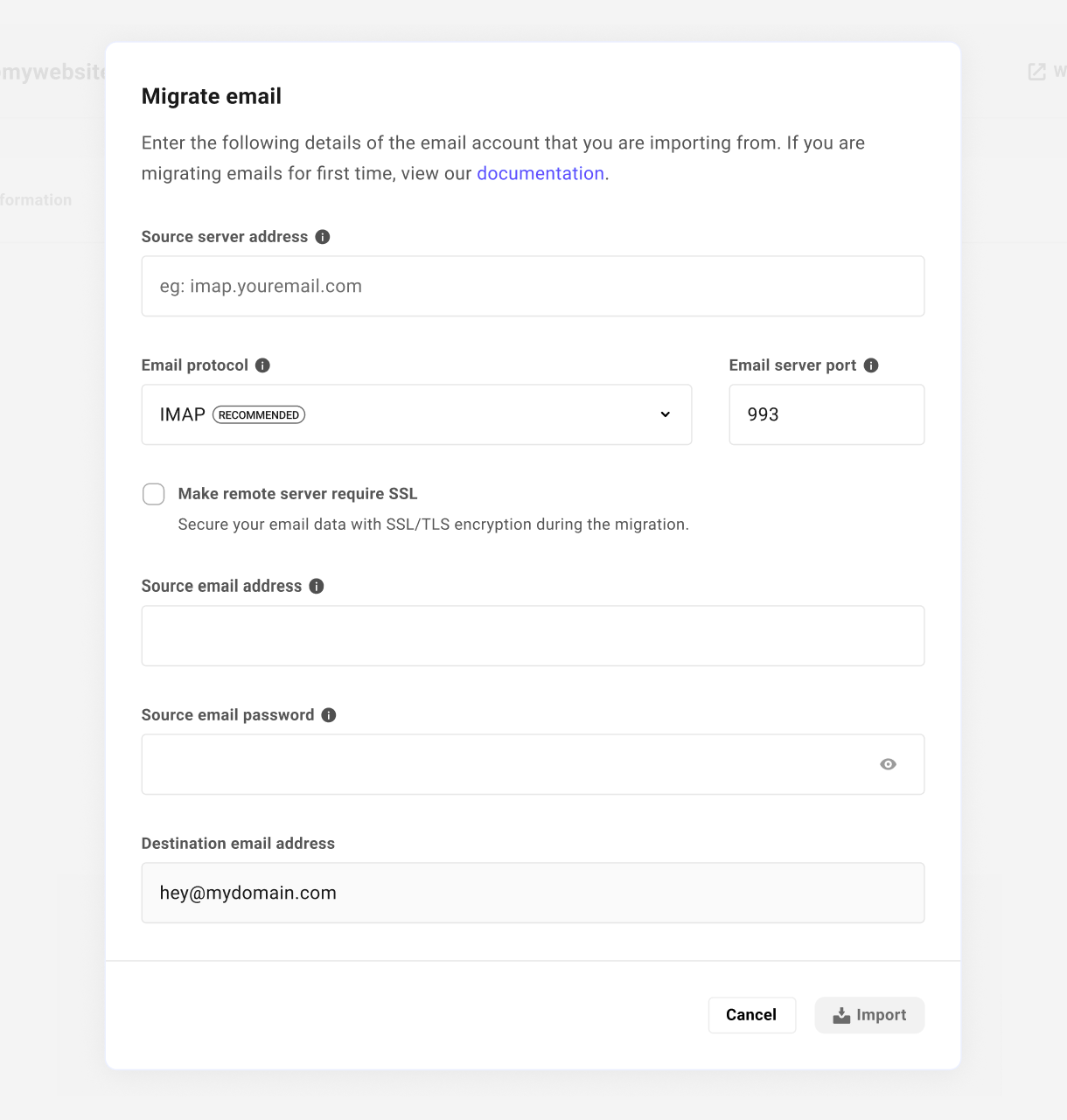 Add required information to migrate email data to Pro Email
