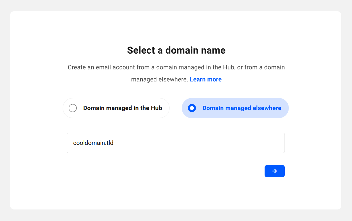 Select an email domain managed elsewhere