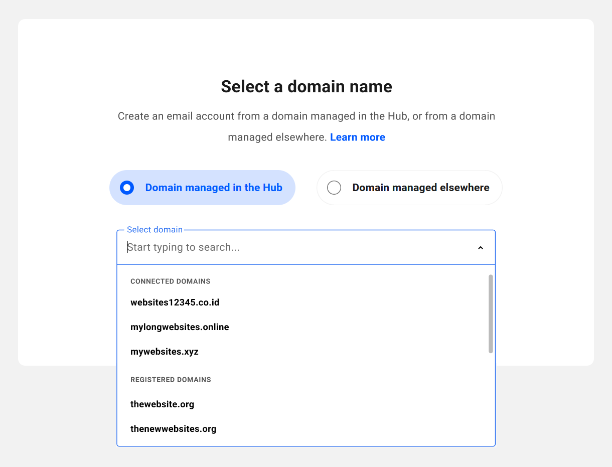 Select an email domain managed in the Hub