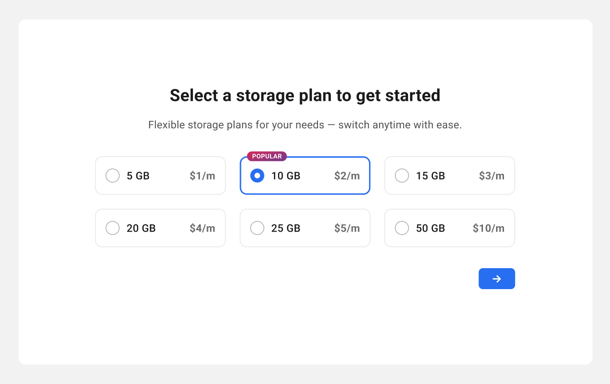 Select the storage plan for your email account