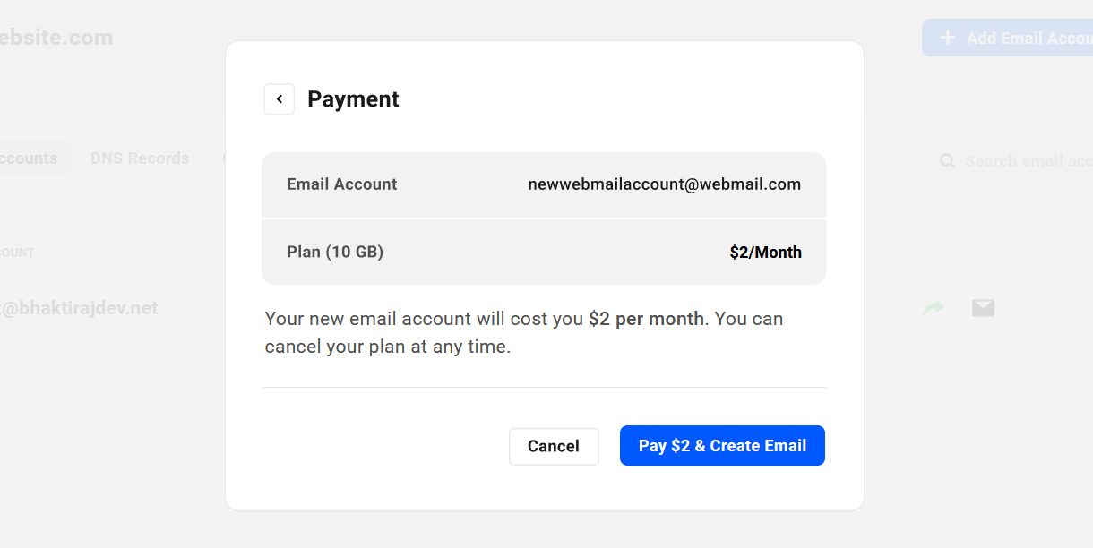 Payment form for a new email account