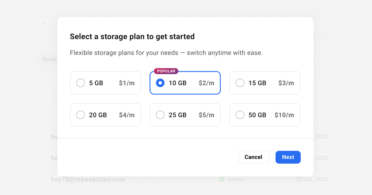 Select the storage plan for your email account
