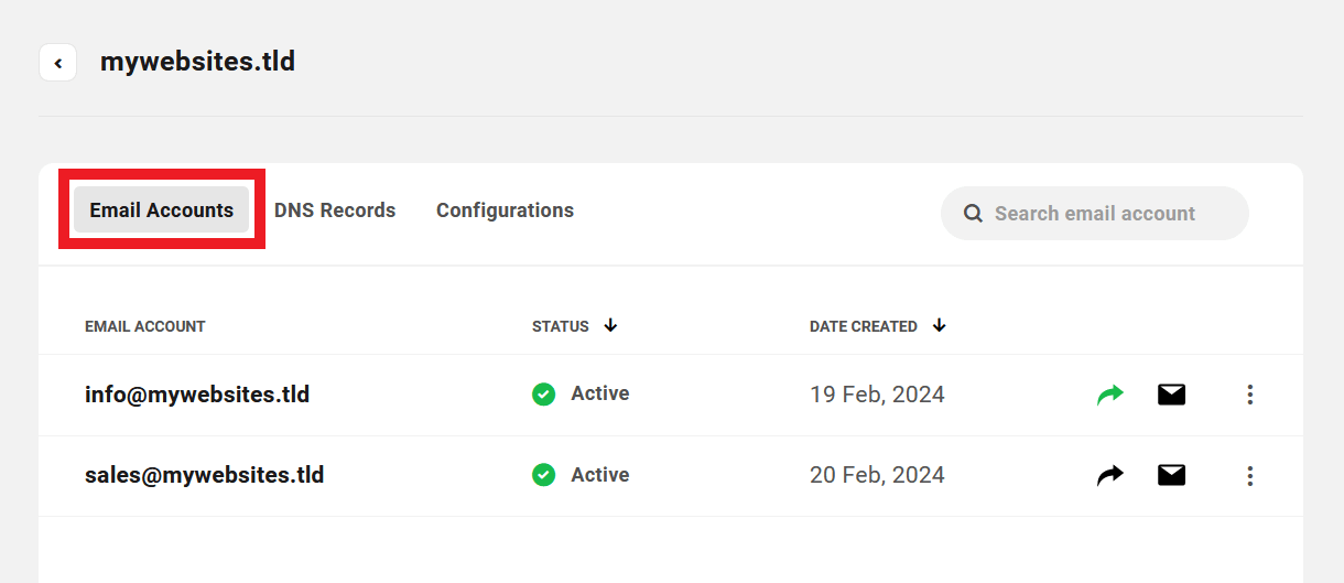 Client view of Pro Email accounts in the Hub