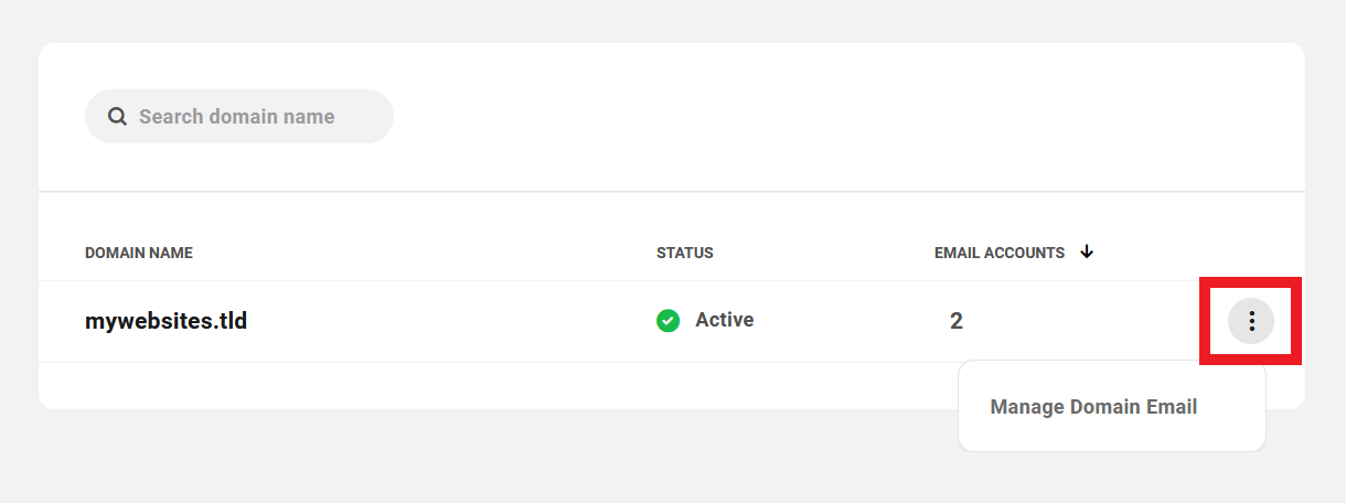 Client view of Pro Email account management options in the Hub