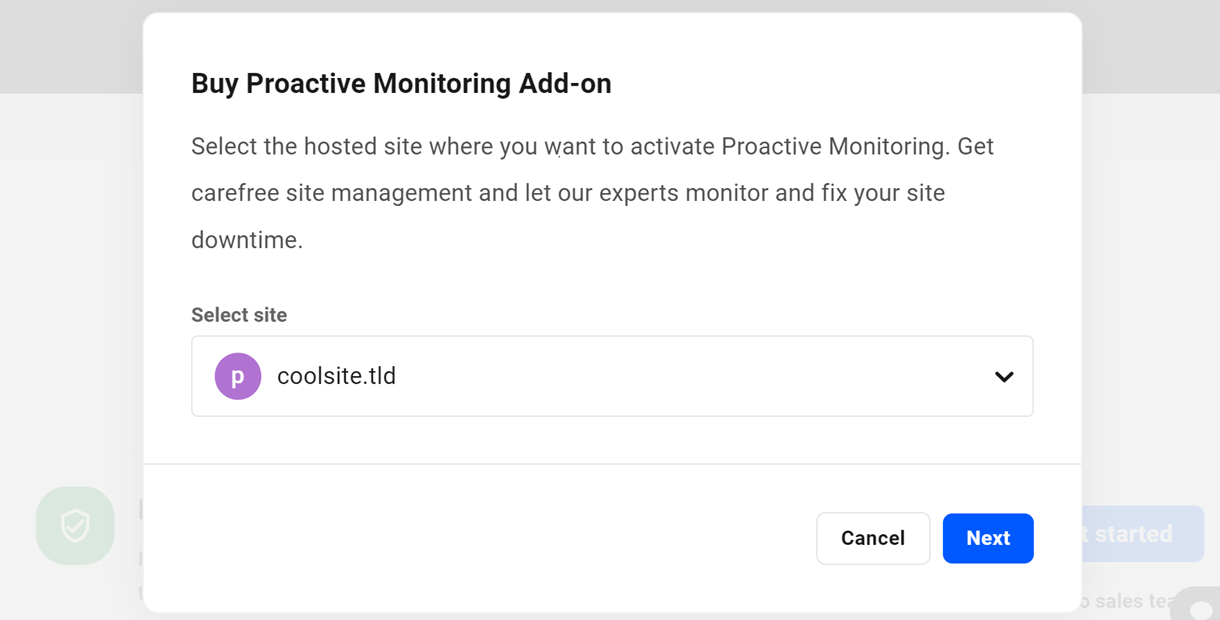 Select site to activate Proactive Monitoring on