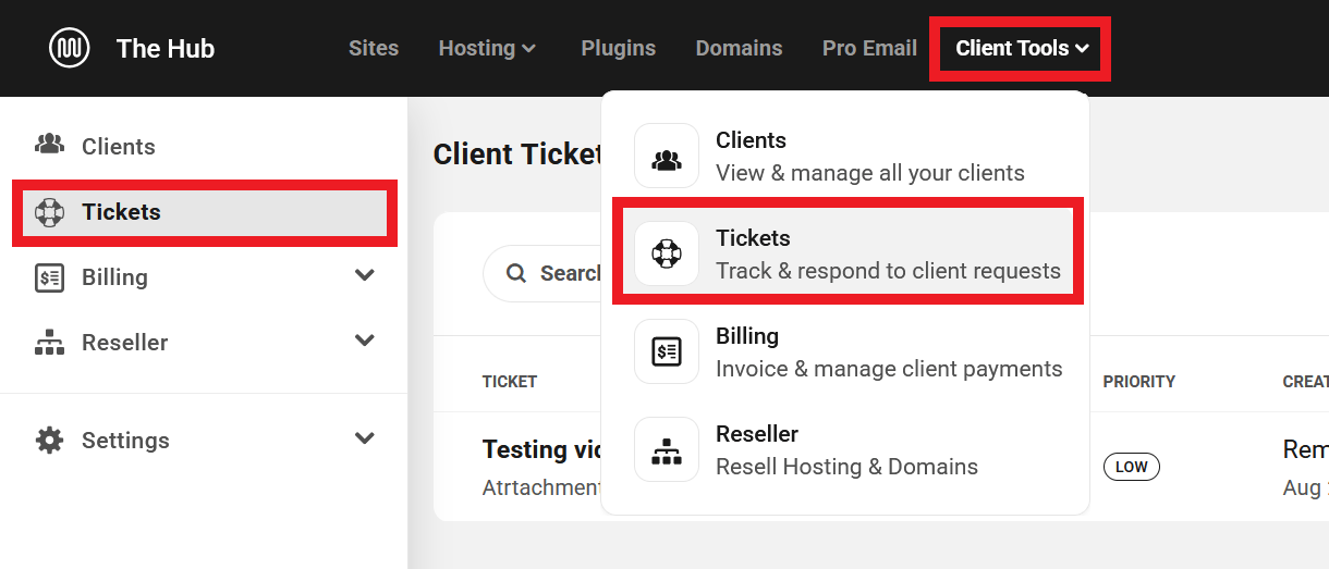 Tickets section in Client Tools