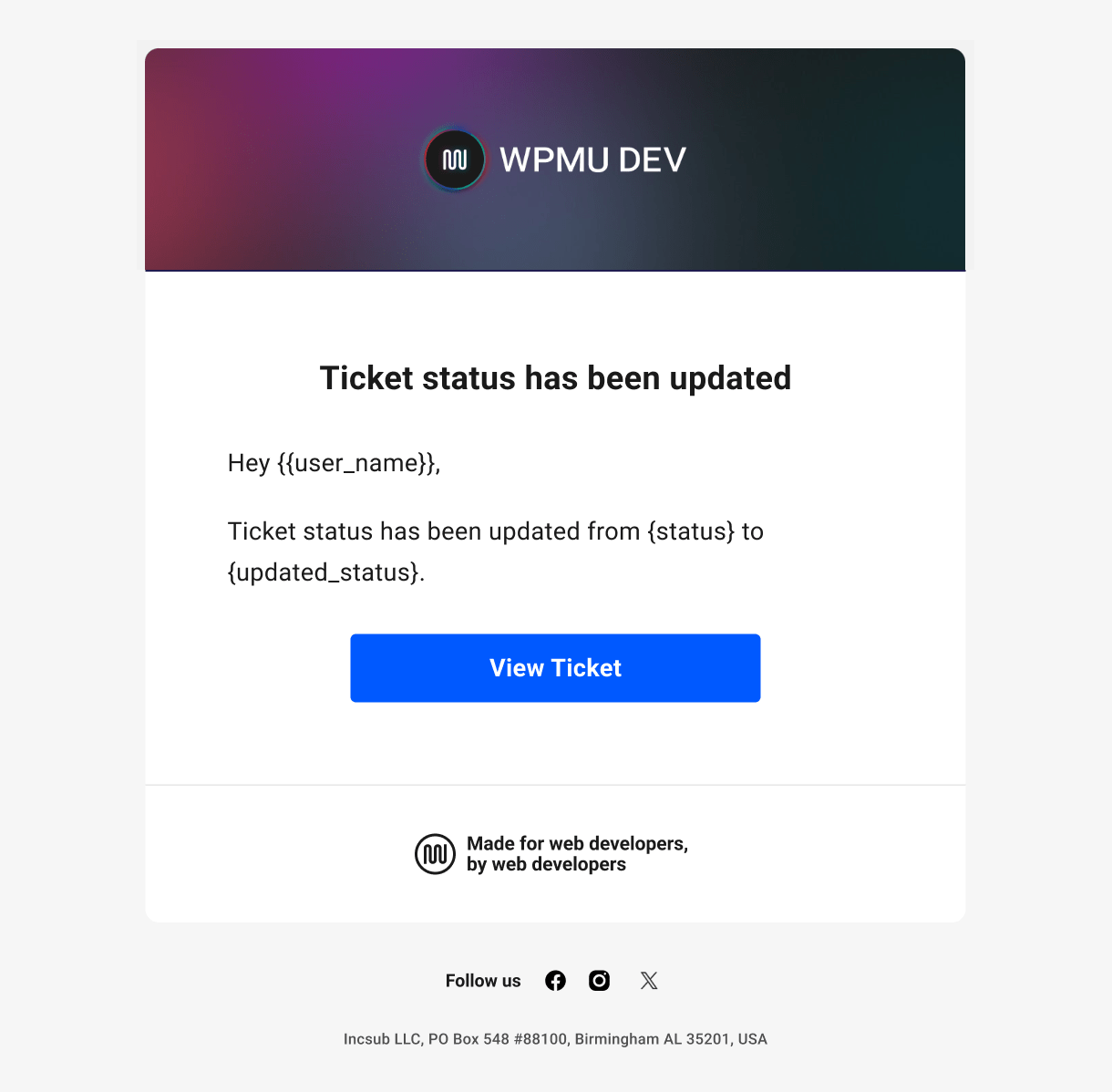 Hub Tickets email to member - status updated