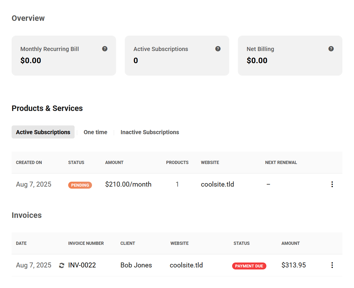 Client site billing in your client portal
