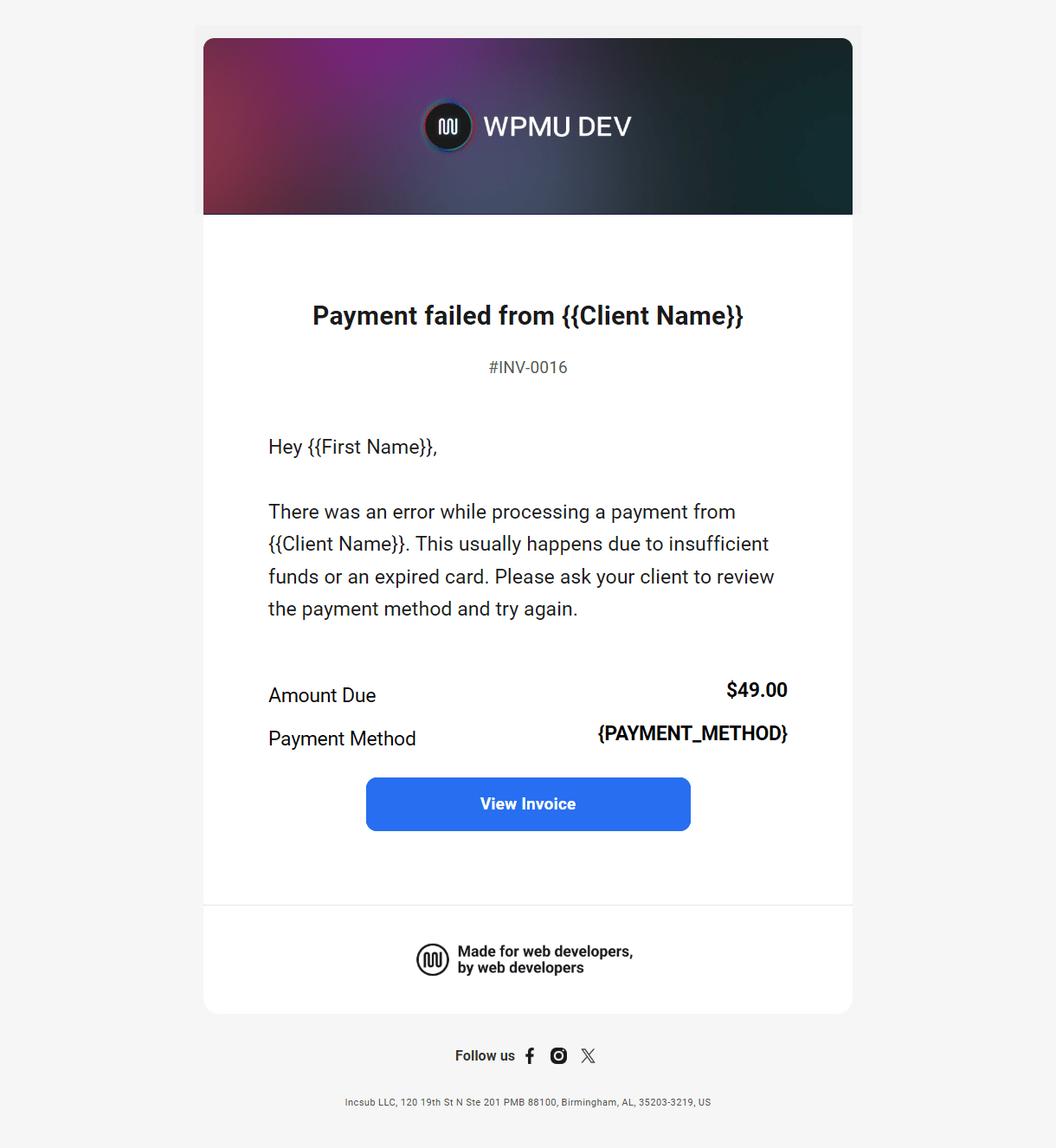 Client billing email to member example - payment failed