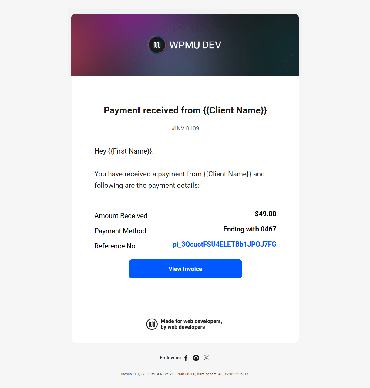 Client billing email to member example - payment received