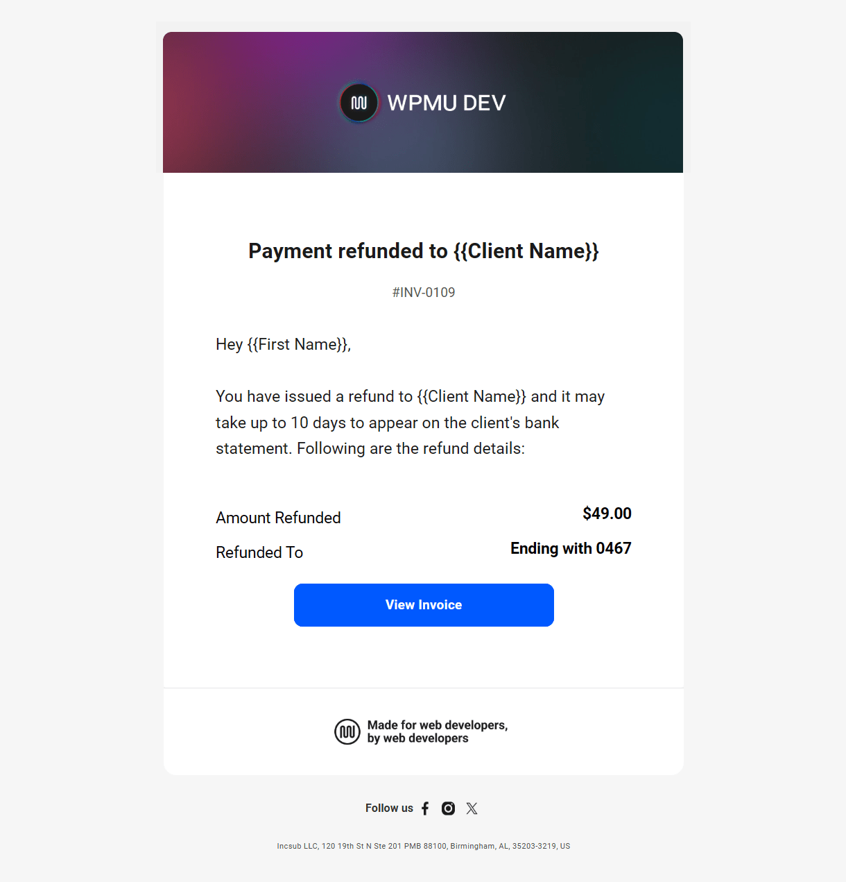 Client billing email to member example - payment refunded