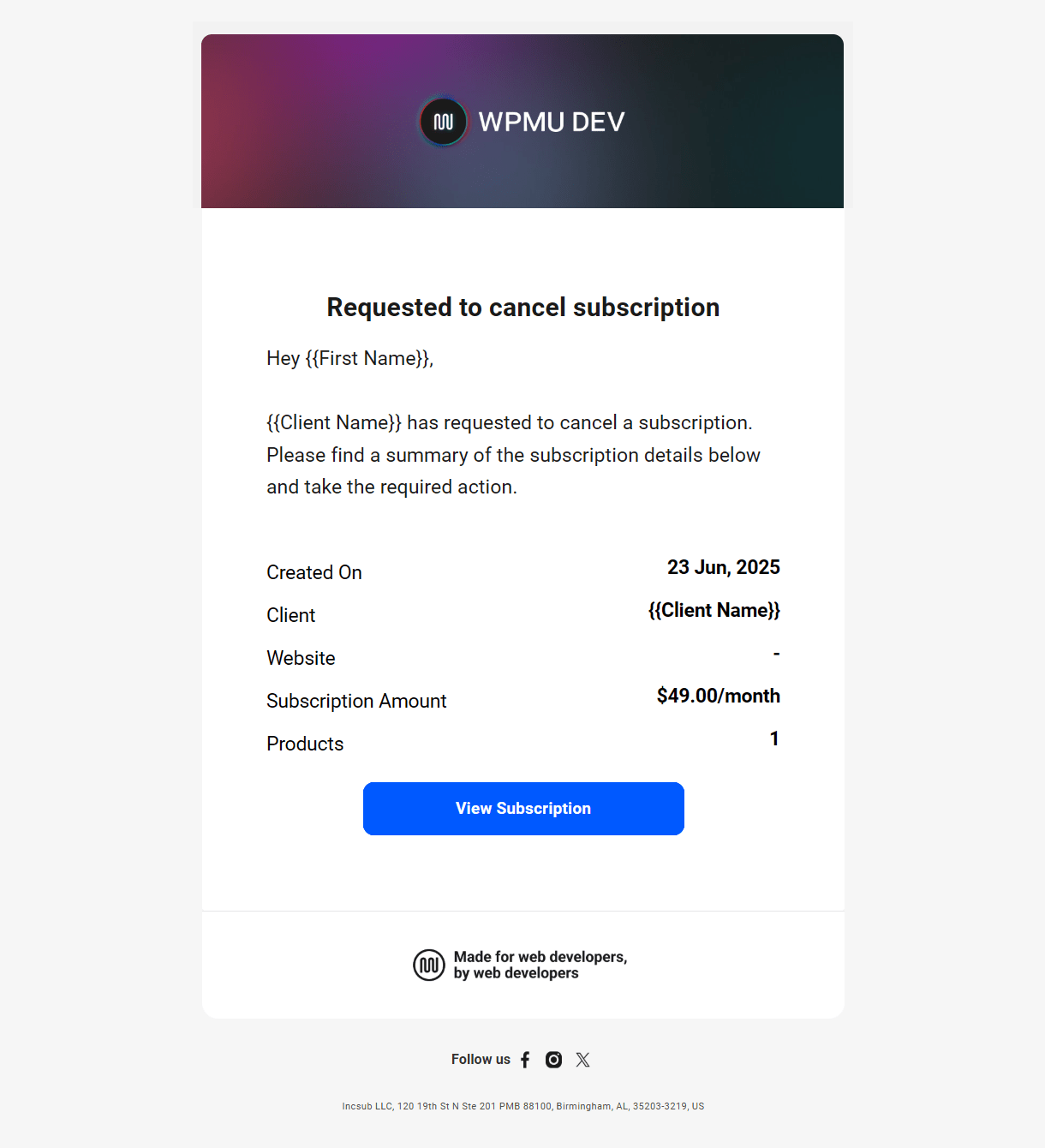 Client Billing email to member example - request to cancel subscription