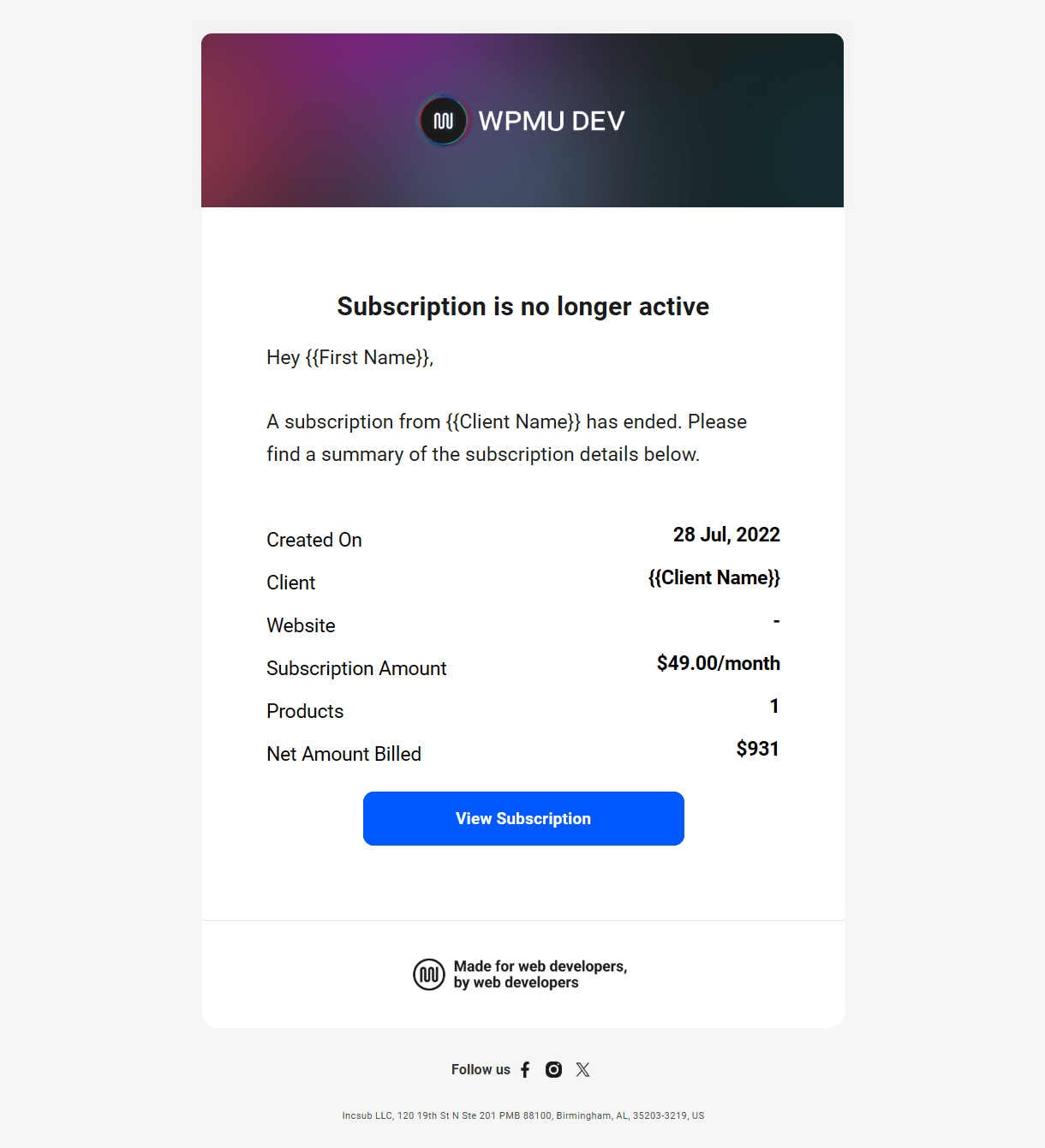 Client billing email to member example - subscription ended