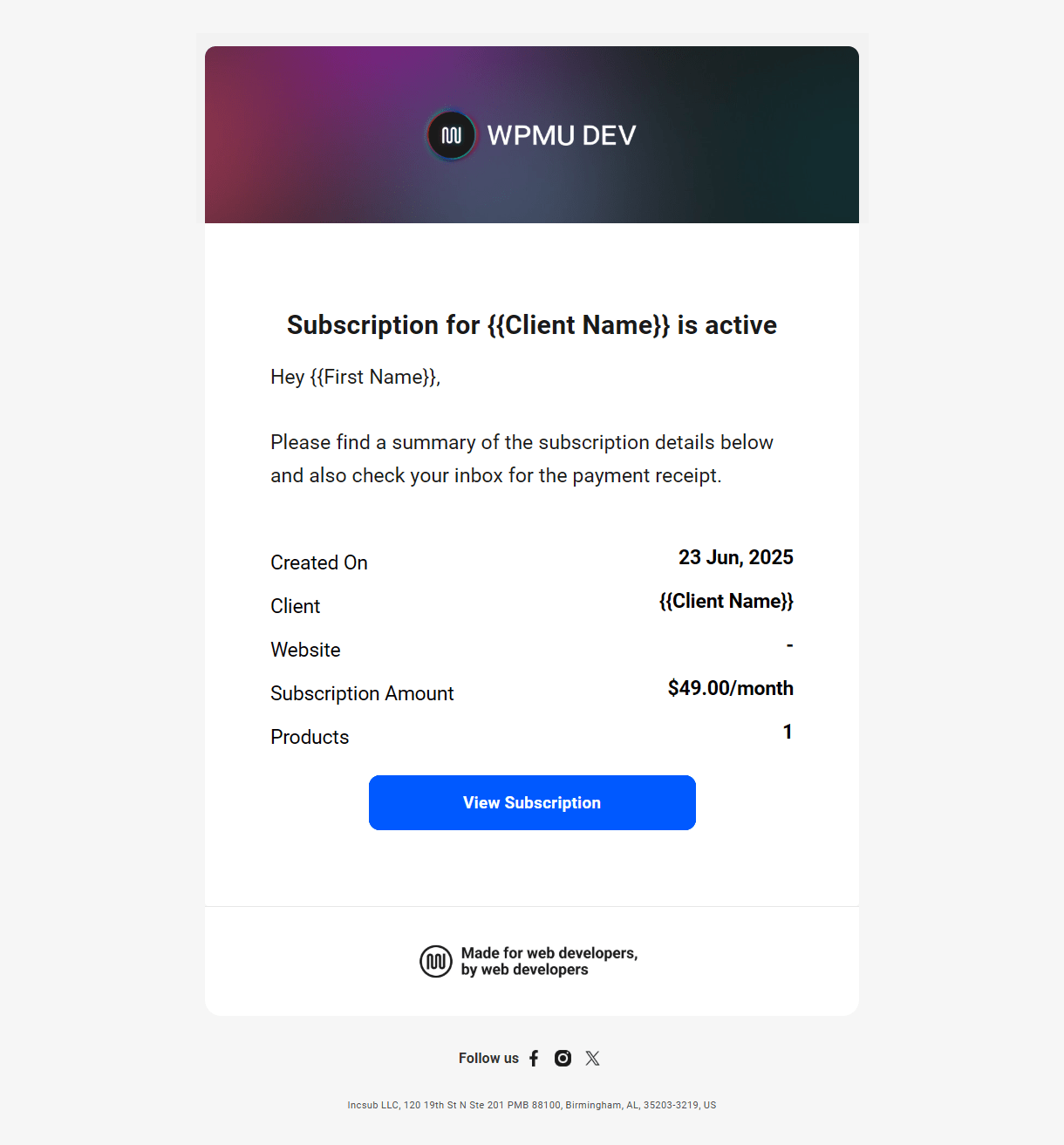 Client billing email to member example - subscription started