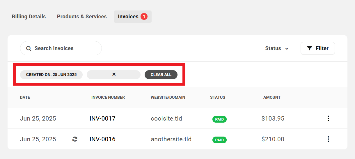 Clear client invoice filters in your client portal